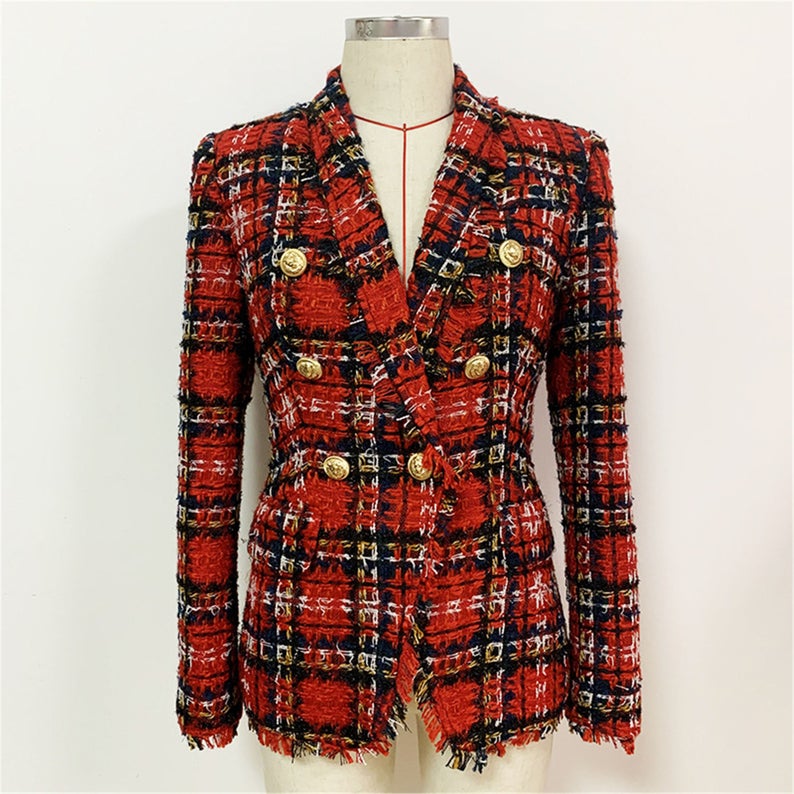  Women's Luxury Designer Inspired Red Checked Tweed Blazer Coat + Shorts  UK CUSTOMER SERVICE! Women's Luxury Designer Inspired Red Checked Tweed Blazer Coat + Shorts - Dry Cleaning, Top Quality , Long Sleeves with Buttons. Soft fabric. This jacket comes with a full lining, soft and Comfortable to Wear.  Fitting and stretchy everyday blazers, a single front button design, perfectly carrying some necessity, or nailing a chic look.