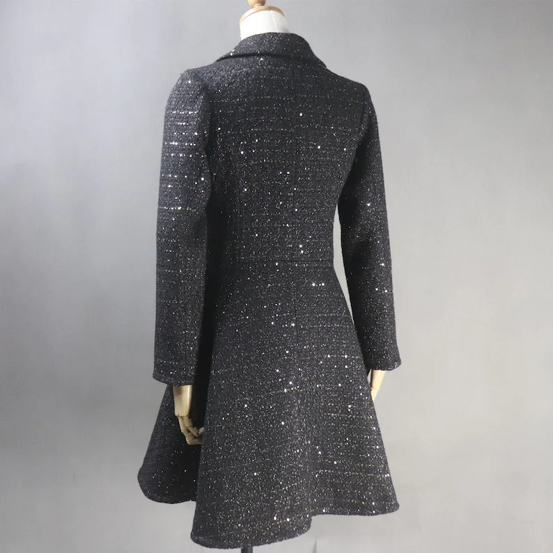    Black Sequinned Flare Tweed Long Warm For Womens. Long Winter Coat,Black Winter Coat,Sequinned Long Coat,Sequin Winter long Coat,Sequin warm long coat,Warm Long Coat,Winter Long Coat,Women Long COat for Winter,sequin long coat,sequin winter coat