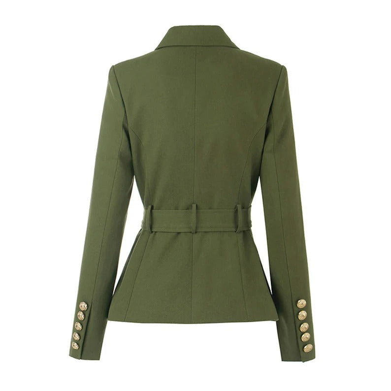 Women's Army Green Blazer Belted Fitted Coat