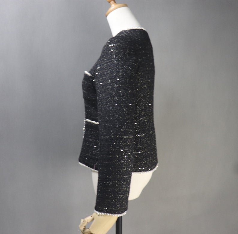 Tailor Made Sequinned Pearls Jacket Coat Blazer  UK CUSTOMER SERVICE! Tailor Made Sequinned Pearls Jacket Coat Blazer -We offer Shorts, Skirts, Trousers for the suit. Long Sleeves, two pocket with buttons. Fully Lined and High Quality Garment. Our tailor will make perfect stitch as per customer requirement. Round Neck with long sleeve with pocket can worn for night out , party , evening dinner and wedding function ,ceremony , college inauguration and events.