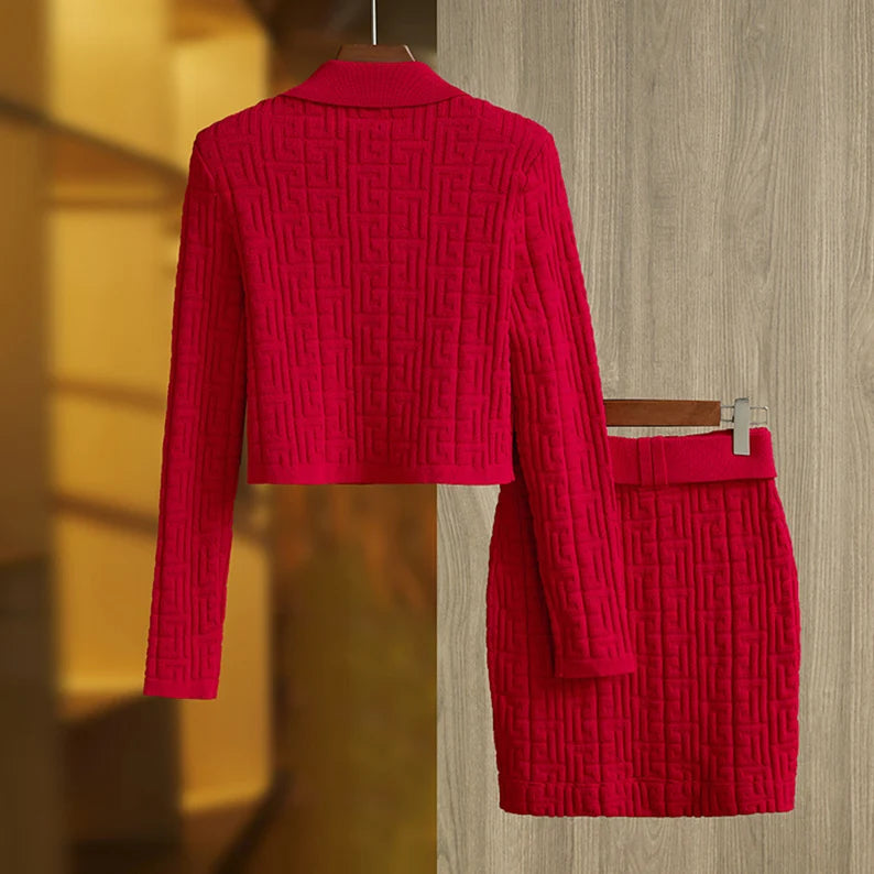 Red Crop Cardigan Jacket + High Waist Skirts Knitwear Suit Stretchy For Young Girls