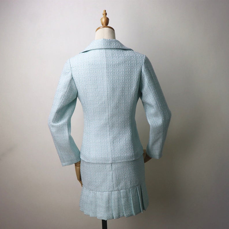 Womens Designer Inspired Custom Made Chain Decoration Blazer + Pleated Skirt Suit