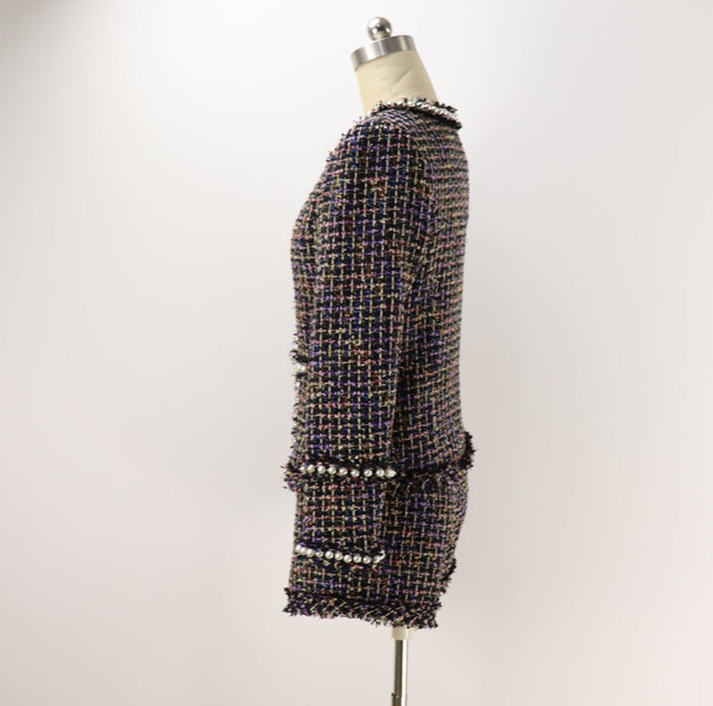 Women's Designer Inspired Pearls Hand Made Multi-Colour Custom Made Tweed Shorts/Skirt Suit