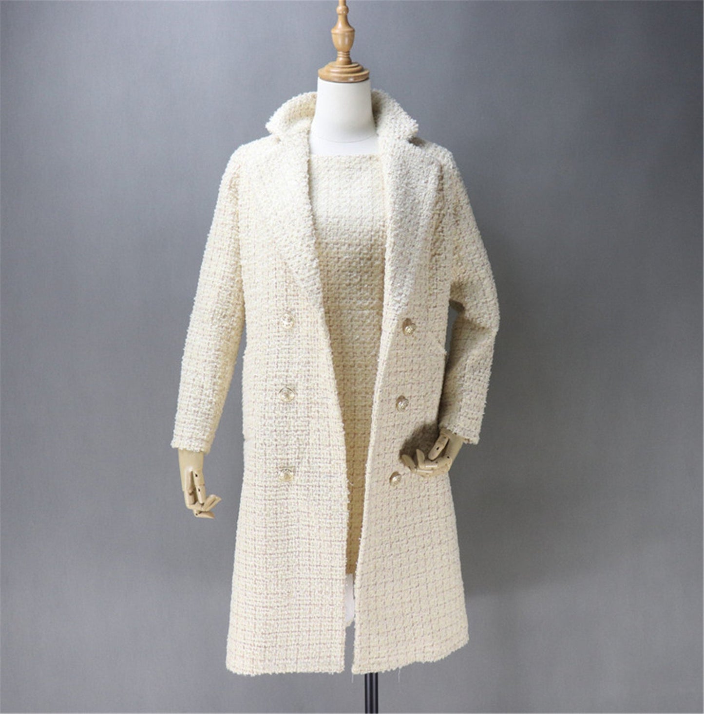 White Tweed Sheath Dress + Long Coat For Womens (20% discount)  "10 Pound Discount when you buy both Sheath Dress + Long Coat"   UK CUSTOMER SERVICE! White Tweed Sheath Dress + Long Coat For Womens (20% discount) - As per customer requirement, our tailor will make perfect Tweed fabric for you. This is all season dress, can wear for outside and functions.