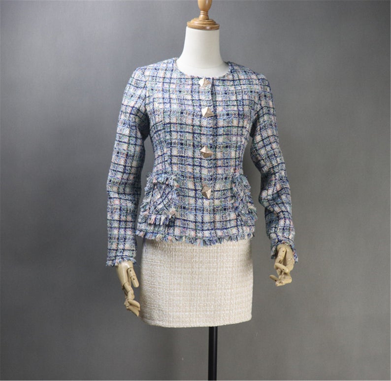 Women CUSTOM Blazer Tweed Checked Pattern Blue Jacket Coat   Quick International tracking delivery!  Women CUSTOM Blazer  Tweed Checked Pattern Blue Jacket Coat , it has Golden button with two pockets , can wear it for official use, Casual daily wear, College Inauguration ,it gives more comfort and confident to wear. Blazer for women sharply tailored and effortlessly smart.   