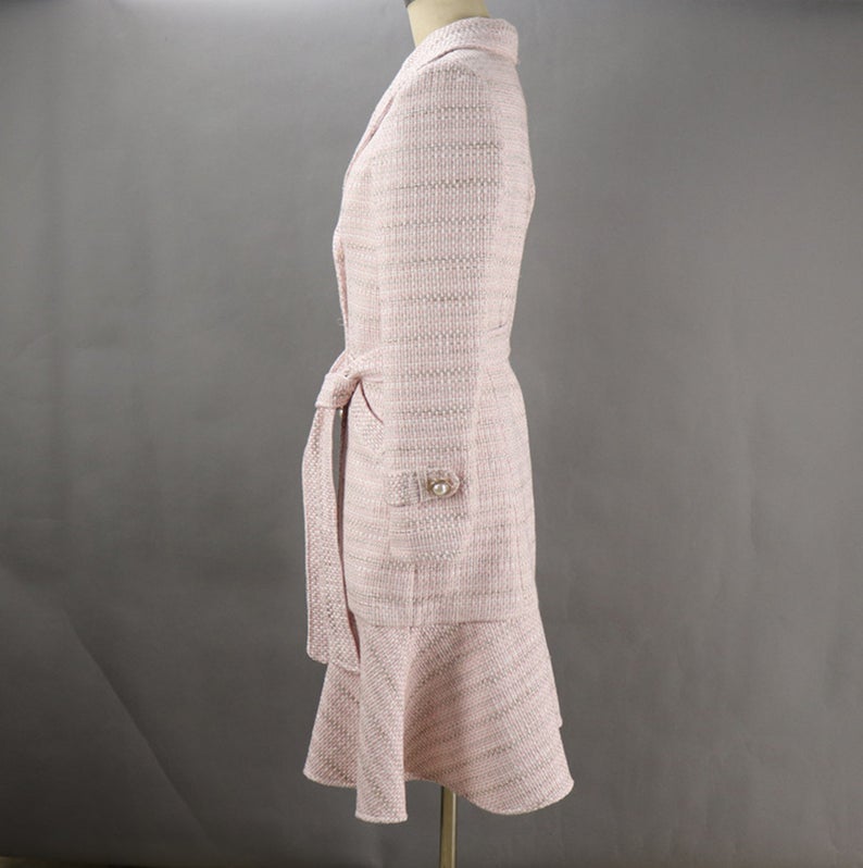 Women's Designer Inspired CUSTOM MADE Pearl Button Tweed Flare Long Coat