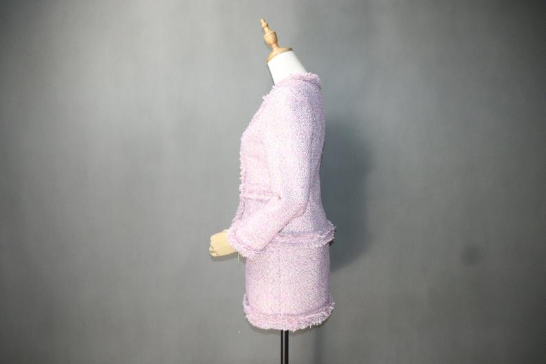  Big Pockets Custom Made Tassel Tweed Skirt Suit Pink