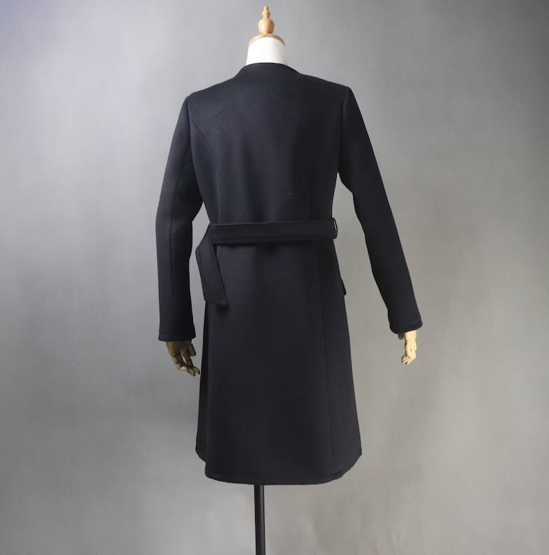 Women's Winter Tailor MADE 50% Wool Tweed Belted Long Warm Trench Coat Black