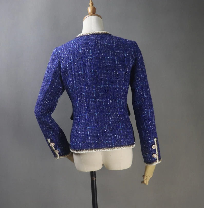 Royal Blue Coat Blazer Sequinned Women's Tailor CUSTOM MADE  Tailor Made Royal Blue Tweed Jacket Coat Blazer For Women-Office,casual,vacation,business,dating,party,outdoor,picnic,hiking,travel, formal, etc. We have different material and design of custom women blazers. Perfect to match with many clothes, it is one suit jacket can match almost all of your wardrobe.
