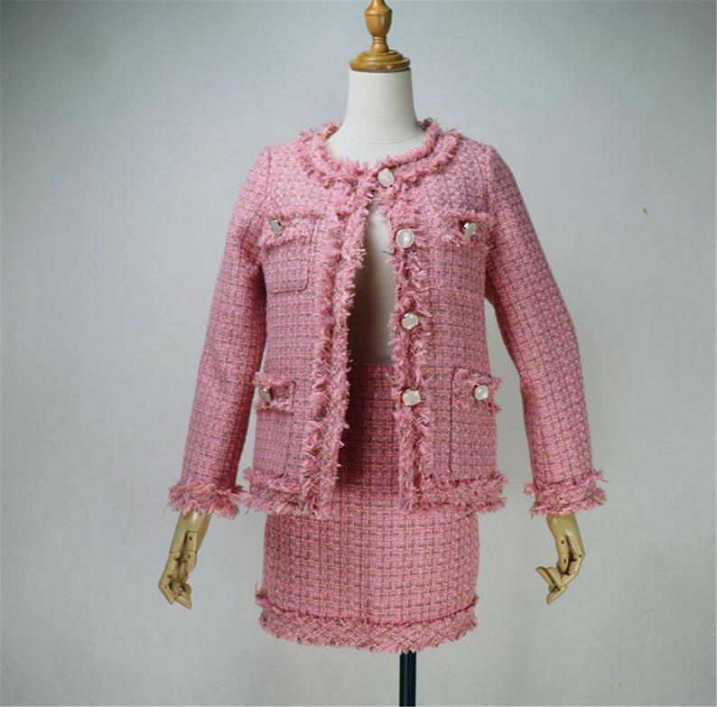 Women's Designer Inspired Custom Made Hand Made Loose Fit Pink Tweed Blazer + Skirt Suit 6 Colours   UK CUSTOMER SERVICE! Women's Designer Inspired Custom Made Hand Made Loose Fit Pink Tweed Blazer + Skirt Suit 6 Colours - All items are made to order. Please advise your height, weight and body measurements ( Bust, shoulder, Sleeves, Waist and Length etc). Our tailors will make the exact measurement for you!.Light weight and comfort to wear party, outside, official use and ceremony.  Materials: Wool blend