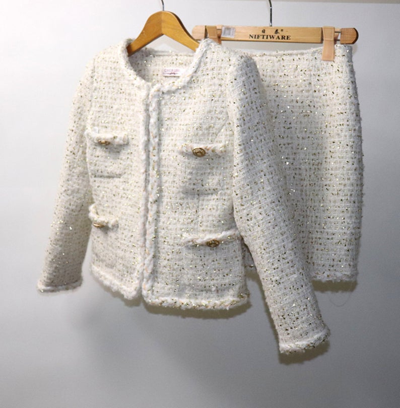 Womens Designer Inspired Custom Made Gold Sequined White WOOL Tweed Skirt Suit