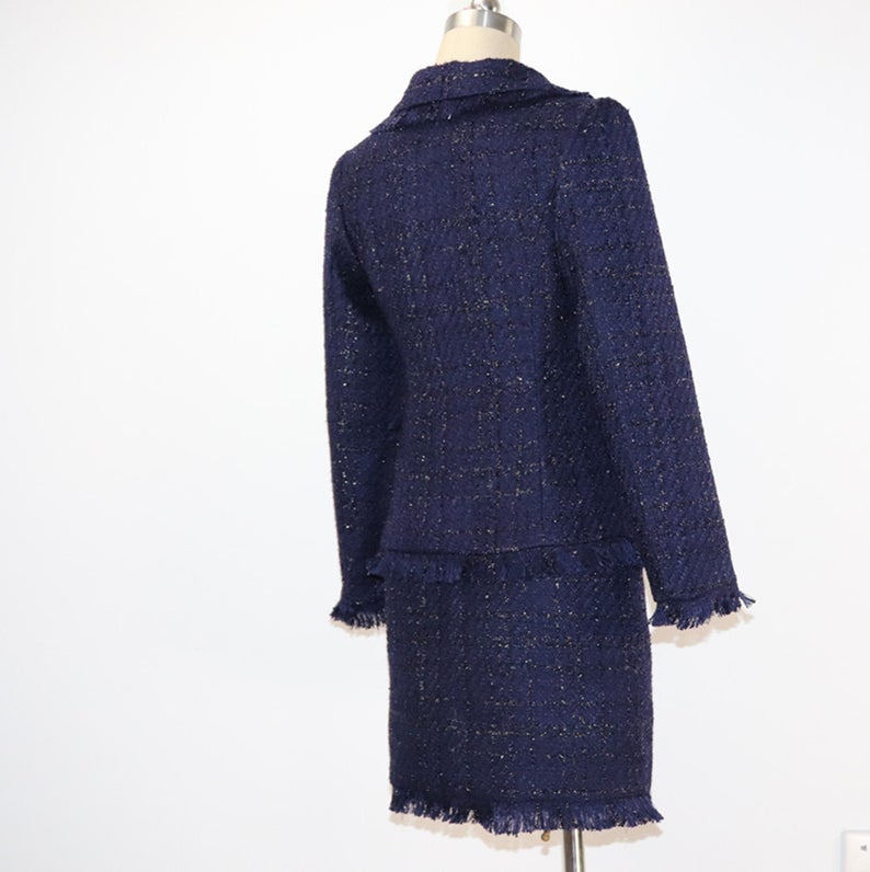 Tweed Tassel Blazer Custom Made Sequined  + Skirt Suit Navy  UK CUSTOMER SERVICE! Tweed Tassel Blazer Custom Made Sequined  + Skirt Suit Navy - It is a lovely fit and the shoulders of the blazer are very lightly padded for a strong silhouette. A chic and sophisticated multicolour jacket. This jacket will look great worn for a smart event or even casually.