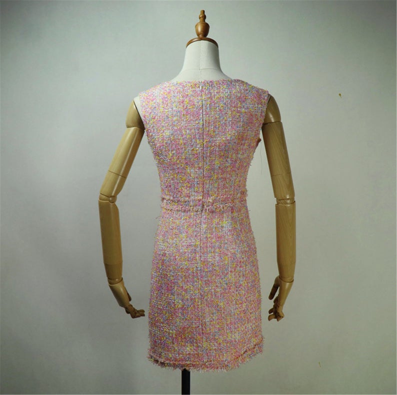 Women Custom Made Square Neck Sleeveless Tweed Sheath Dress Pink