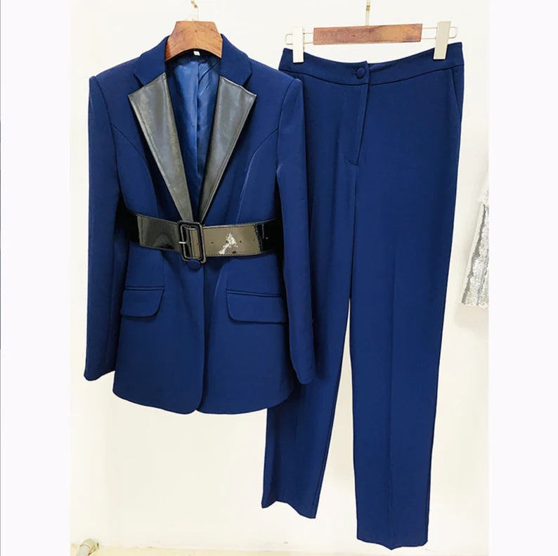 Baocc Suits Women's Two Piece Suit Set Office Business Long Sleeve Jacket  Pant Suit Slim Fit Trouser Jacket Suit Suit Dark Blue - Walmart.com