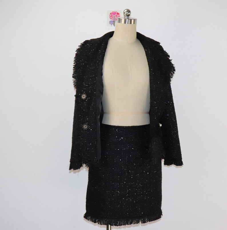 Women Designer Inspired Custom Sequined Tweed Tassel Fringe Skirt Suit