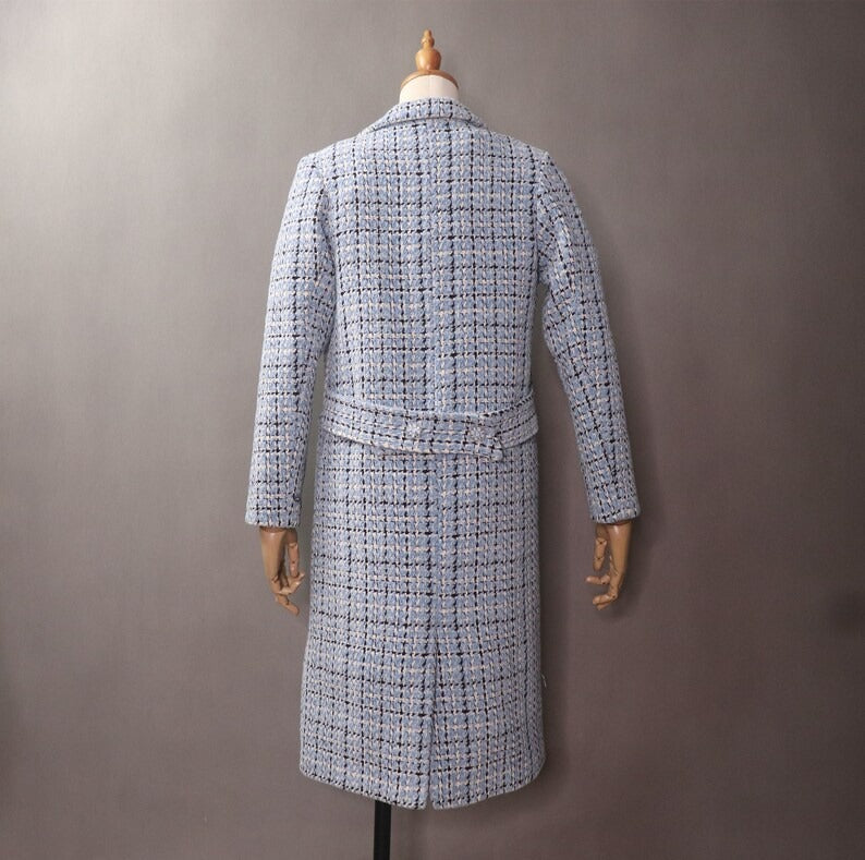 Women's Sky Blue Winter Checked Long Warm Coat  UK CUSTOMER SERVICE! Women's Sky Blue Winter Checked Long Warm Coat- Sky Blue warm coat can wear for Winter season and Autumn season. Feel comfort and elegant. All items are made to order. Please advise your height, weight and body measurements ( Bust, shoulder, Sleeves, Waist and Length etc). Our tailors will make the order for you!  Materials: Wool blend (20% Wool)