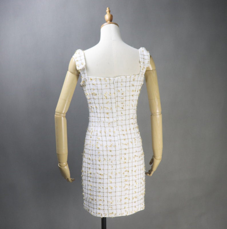Women's Tweed Dress Golden Sparkle Decoration Checked Pattern   UK CUSTOMER SERVICE! Women's Tweed Dress Golden Sparkle Decoration Checked Pattern -  Shape cut with darts, large square neck,  sleeveless. An everyday dress to wear anytime. The mix fabric white, gold colours give warm tones in winter to your skin. And the dress is SHINY  to the golden yarn in the TWEED. This suits with demin jacket. Our tailor will make exact body measure as per customer requirement.