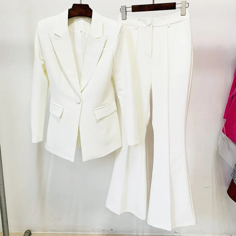 Women Black White One Button Blazer + Flare Trousers Suit - Sturdy, stain-resistant, and importantly more long-lasting, affordable than traditional soft leather. The jacket is easy to care for and with proper maintenance, this fabric will stay looking vivid and new for many years. This white suit is perfect for Wedding, Holidays, Parties and evening dinner. It is simple and classic. This piece will be a good investment for your wardrobe.