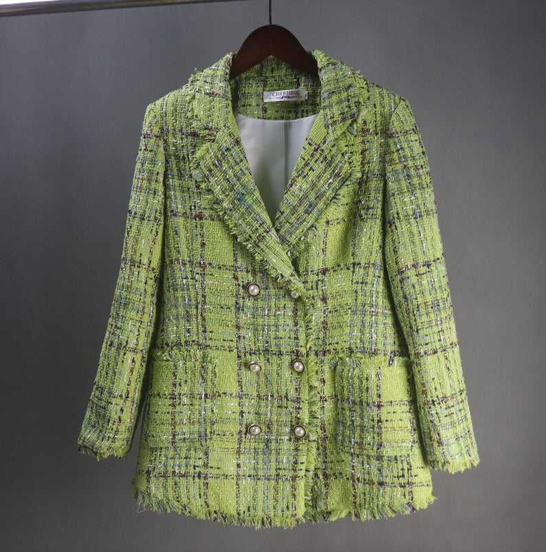 Green Women's Tailor-Made Checked Double Breasted Tassel Fringe Tweed Blazer Coat+Skirt/Shorts Suit  Find your ideal fit with women's clothes that has been hand-picked to fit your specific style and size. "More Than 10% Additional Discount when you buy both  Jacket  +Skirt or Jacket + Shorts The colour green is ideal for the Spring/Summer season. Make sure your traditional business jacket never goes out of style. It can also be worn with jeans for a casual outing or an evening jacket.