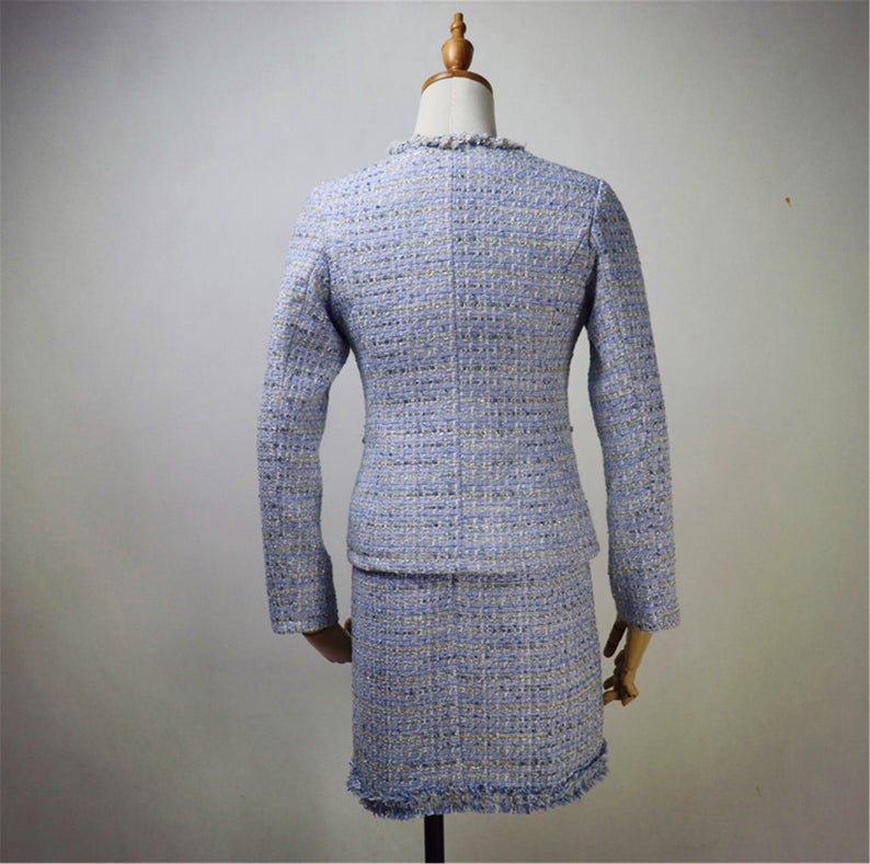 Women Custom Made Check Tweed Blue Color Dress/Shorts/Skirt Suit