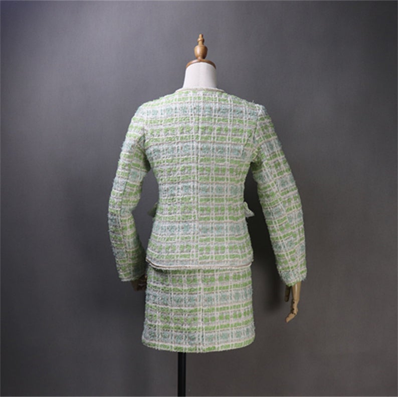 Green Tweed Jacket Coat Blazer with Chain Decor for Women CUSTOM MADE Sequinned vintage Buckle Jacket   UK CUSTOMER SERVICE! Green Tweed Jacket Coat Blazer with Chain Decor for Women CUSTOM MADE  -We offer Shorts/ Skirts/ Trousers/Blazer for the suit.  All items are made to order with very experienced tailors. Please advise your height, weight and body measurements ( Bust, shoulder, Sleeves, Waist and Length etc). Our tailors will make the order for you!  Materials: Tweed