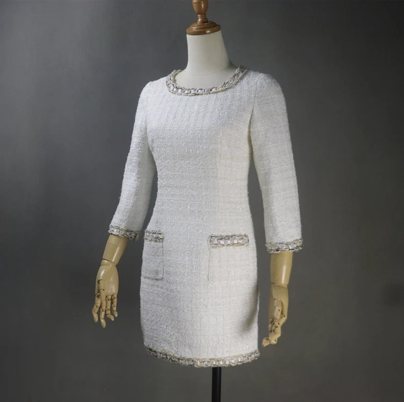 This white tweed dress is perfect for any formal occasions such as wedding, graduation, interviews, business meetings, Daily office wear.  Dry Cleaning. The midi length and round-neck gives this pencil fashionable dress a classic and timeless shape, making the baggy trendy pretty dressing gown versatile for various special occasions.