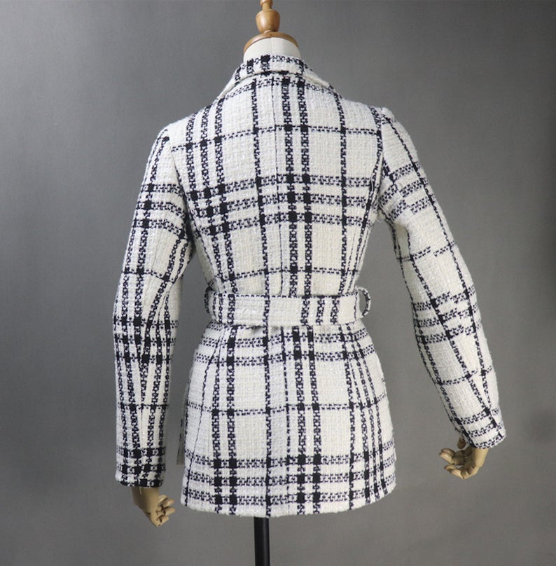 Tweed Checked Double Breasted Coat White   *Customized Size*   UK CUSTOMER SERVICE! Tweed Checked Double Breasted Coat White - This is front pocket with pearl button and front tie belt, Long Sleeves, sliver lined with black and white checked tweed fabric. Can worn winter time , outside and autumn season.