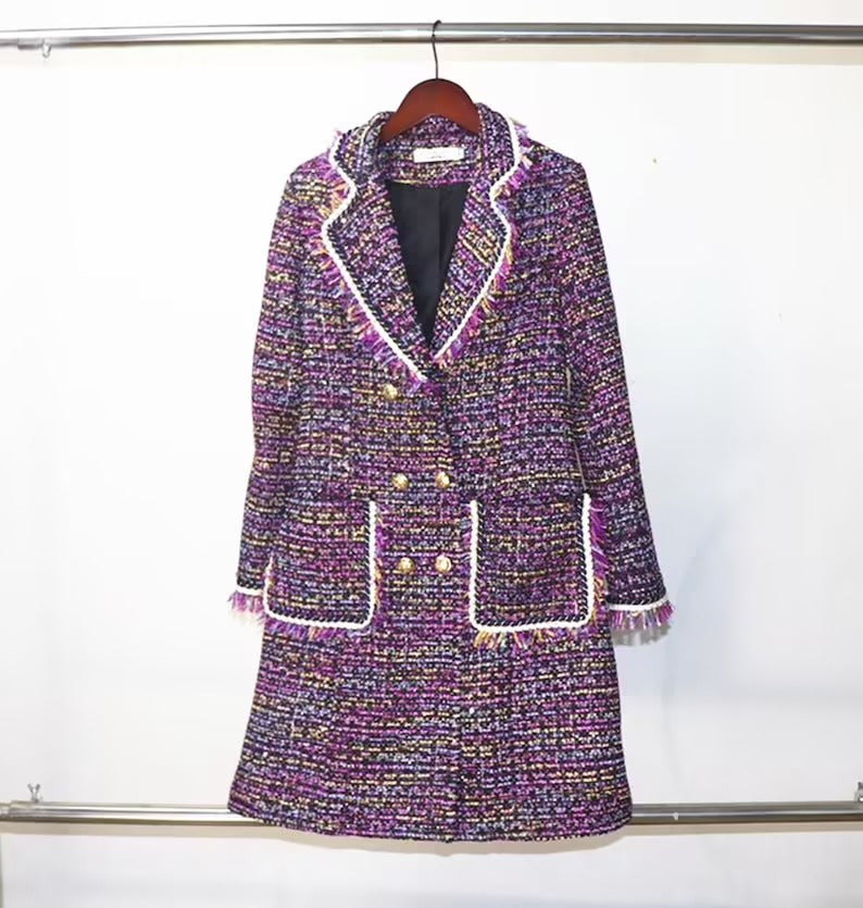 Women Tweed Wool Blend Sequined Purple Multi-color Coat Outwear