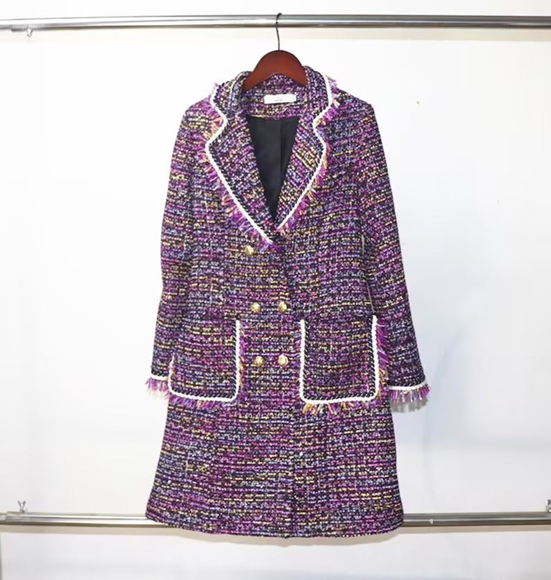 Women Tweed Wool Blend Sequined Purple Multi-color Coat Outwear - Fashion Pioneer 