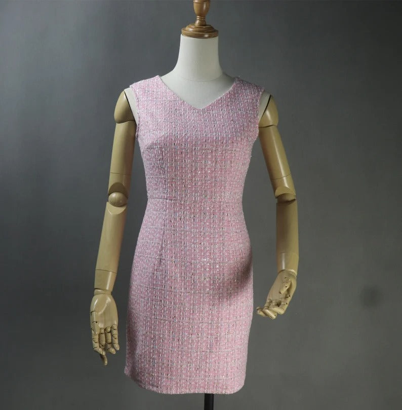 Women Custom Made Tweed Pink Colour Tassel Fringe Dress (more than 10% discount) - We are happy to make as per customer size like Oversized, Plus Size, Extra Size, Perfect body measure ,Small size ,Large size. Our tailor will make perfect Tweed fabric for you. This is all season dress, can wear for outside, weddings , ceremony, Events and functions.