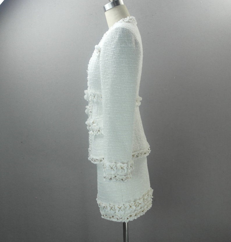 Womens Designer Inspired CUSTOM MADE Pearl Beads Flowers Coat Blazer+ Skirts Suit Formal/ Business