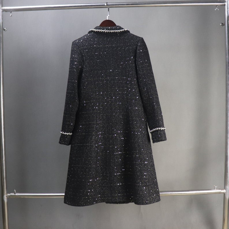 Women's Winter Tailor MADE Sequinned Long Warm Coat Black - Fashion Pioneer 