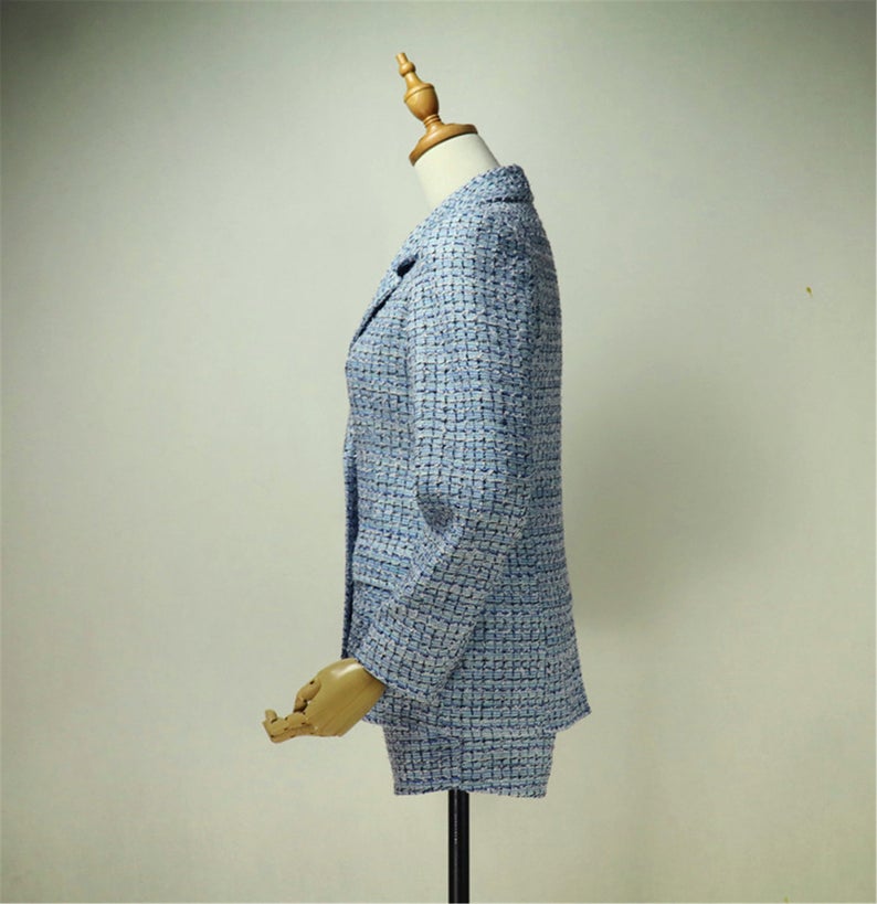 Custom Made Check Pattern Blue Tweed Blazer + Skirt/Shorts Suit