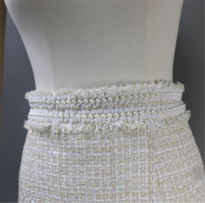 Women CUSTOM  Made Tweed Pearl Decoration Beige Mini/ Midi Skirt - Fashion Pioneer 