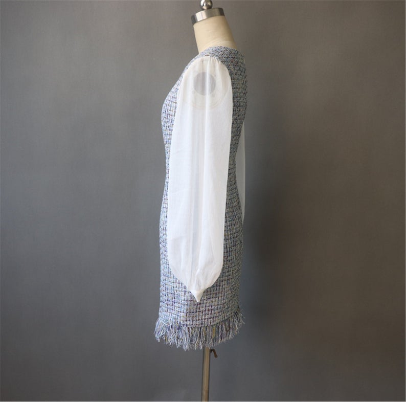 Womens Designer Inspired Custom Made Long Sleeves Tweed Dress Blue