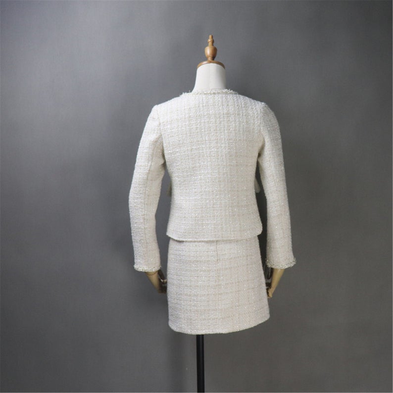Women's Custom Made Beige Tweed Blazer Coat+ Skirt Suit  UK CUSTOMER SERVICE! Women's Custom Made Beige Checked Pattern Tweed Blazer Coat+ Skirt Suit, can wear it for all suitable occasion. This suit with front two pocket, round neck and long sleeves with pearl buttons. Skirt with back zip and our tailor make exact shape and design as per customer requirement. Dry clean and no machine wash.