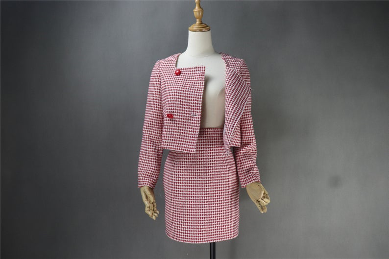 Tailor Made Tweed Squire Neck Small Check Blazer + Skirt Suit for Women  UK CUSTOMER SERVICE! Tailor Made Tweed Squire Neck Small Check Blazer + Skirt Suit for Women, can worn for ceremony, college Inauguration and Official Use.  All items are made to order. Please advise your height, weight and body measurements ( Bust, shoulder, Sleeves, Waist and Length etc). Our tailors will make the order for you!  Materials: polyester