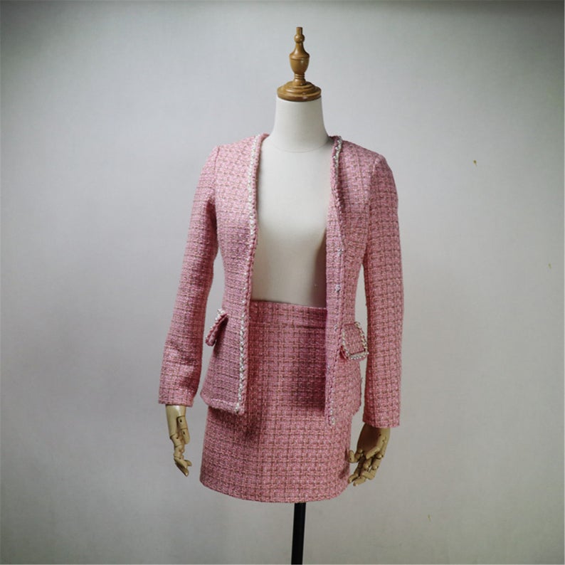 Women Custom Made V Neck Pearls Decoration Tweed Pink Color Dress/Shorts/Skirt Suit
