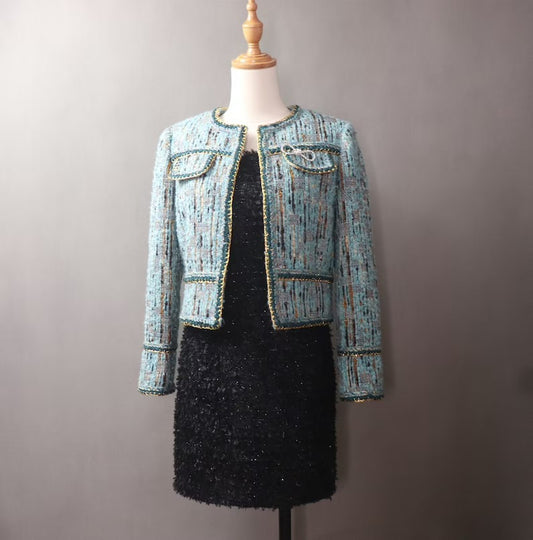 Blue Multi-Color Tweed Jacket Coat Blazer For Womens  UK CUSTOMER SERVICE!  Coat And Sheath dress sold separately.   Blue Multi-Color Tweed Jacket Coat Blazer  - We offer Shorts, Skirts, Trousers for the suit. The coat is suits to any dress like sheath dress. Our tailor will make as per customer requirement like with pocket, sleeveless, without pocket etc.