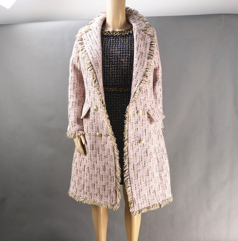 Women Designer Inspired Tweed Wool Blend Pink Trench Coat Outwear Belted
