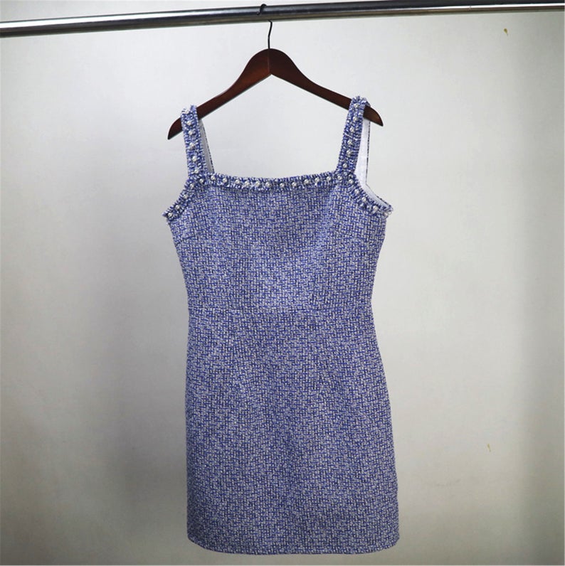 Sheath Custom Made Blue Tweed Mini/ Midi Dress   UK CUSTOMER SERVICE! Sheath Custom Made Blue Tweed Mini/ Midi Dress, This sweet and simple sleeveless dress will be perfect for hot days thanks to its comfortable stylish cut and soft linen-rich texture. It has a loose cut for a casual and feminine look. You can cover with suitable jacket or cardigan or with sleeveless.