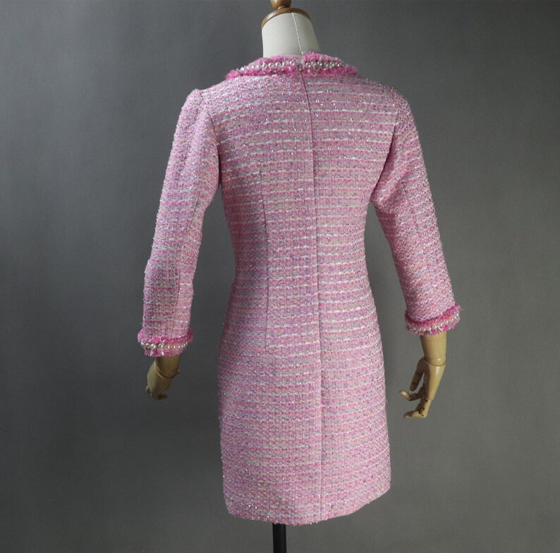 Womens Custom Made Pearls Tweed 3/4 Sleeves Dress Hot Pink  UK CUSTOMER SERVICE! Womens Custom Made Pearls Tweed 3/4 Sleeves Dress Hot Pink - Pink tweed fabric with back zip, 3/4 sleeves, Knee length dress. Can wear it for outside party , holidays and casual or formal wear. Dry Cleaning. The midi length and round-neck gives this pencil fashionable dress a classic and timeless shape, making the baggy trendy pretty dressing gown versatile for various special occasions.