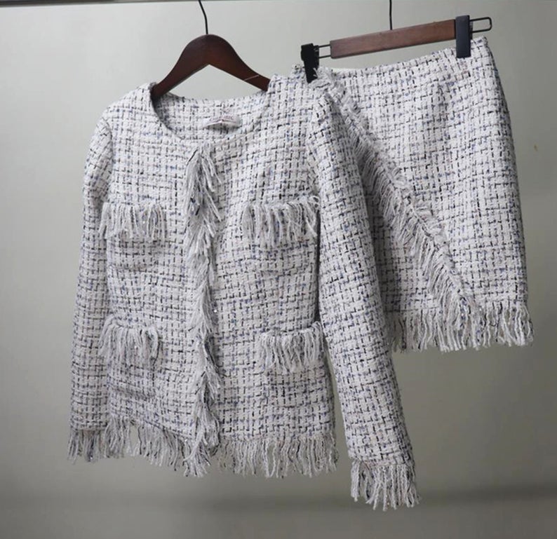Women Designer Inspired Custom Made Golden Multi-Colour Threads Tweed Tassel Fringe Skirt Suit