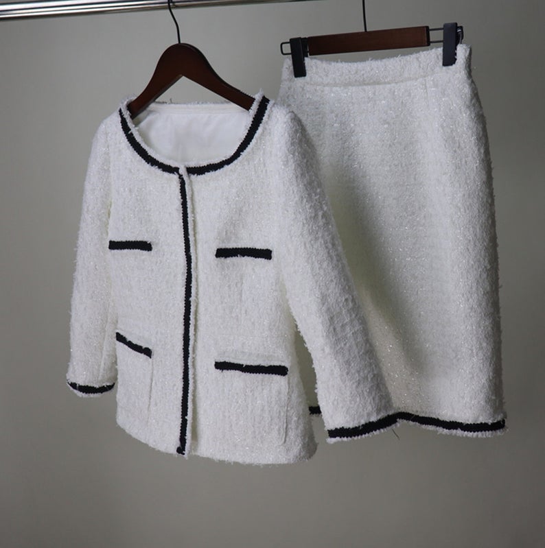 Womens Designer Inspired Custom Made Sparkle Tweed Fitted Blazer + Skirt Suit White
