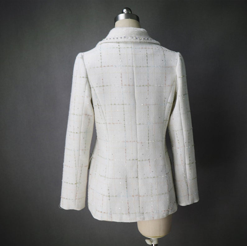 CUSTOM MADE Sequined Check Tweed Jacket Coat Blazer *Customized Size*  UK CUSTOMER SERVICE! CUSTOM MADE Sequined Check Tweed Jacket Coat Blazer - tailor made jacket with front pocket , long sleeves and pearl buttons. Our tailor make exact shape and design as per customer requirement.