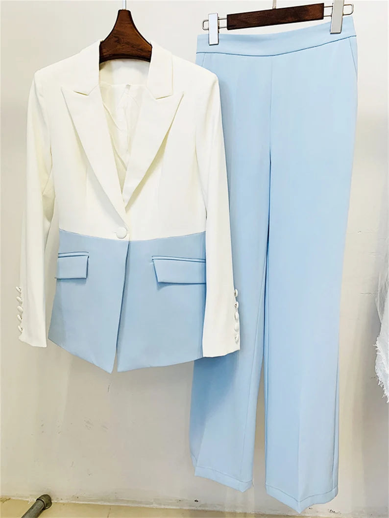 Women's Suit with Flare Trousers and Light Pink Light Blazer  This season, flared trousers suits are very popular in the workplace. It's time to put on your best business casual outfit!  This suit gives professional attire a playful twist by adding a color-blocked pattern.