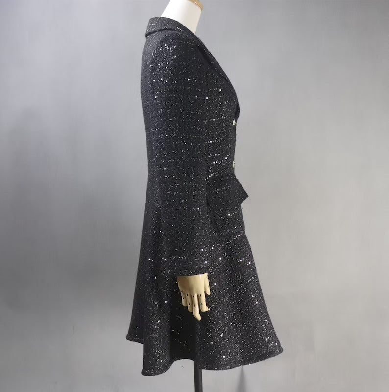    Black Sequinned Flare Tweed Long Warm For Womens. Long Winter Coat,Black Winter Coat,Sequinned Long Coat,Sequin Winter long Coat,Sequin warm long coat,Warm Long Coat,Winter Long Coat,Women Long COat for Winter,sequin long coat,sequin winter coat