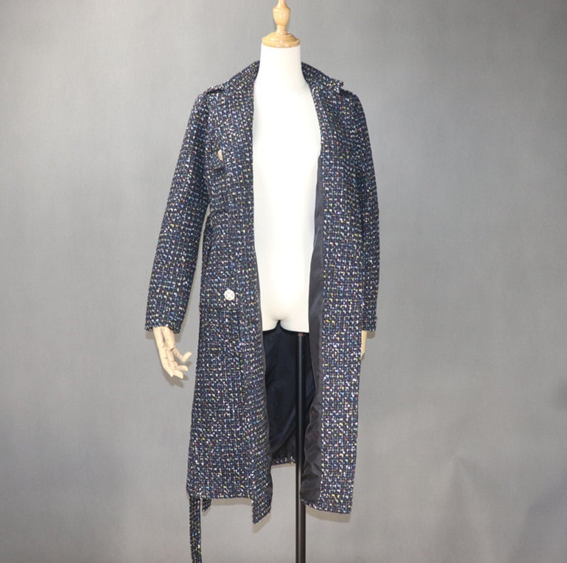 Women Designer Inspired Tweed Wool Blend Sequined Trench Coat Outwear Belted