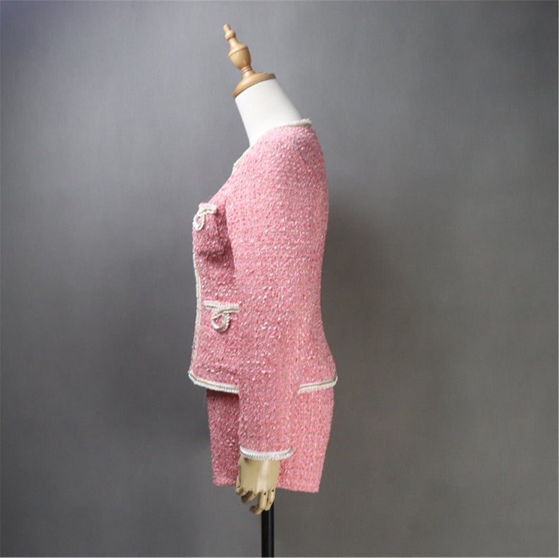 Custom Made Pink Tweed Blazer Coat+ Skirt / Shorts Suit for Women  UK CUSTOMER SERVICE!  Custom Made Pink Tweed Blazer Coat+ Skirt / Shorts Suit for Women, It is a must-have for any businesswoman to own a timeless, classic women's tweed suit.  All items are made to order. Please advise your height, weight and body measurements ( Bust, shoulder, Sleeves, Waist and Length etc). Our tailors will make the order for you!  Materials: Tweed
