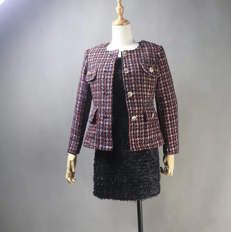 Women's Tailor MADE Dark Red Checked Jacket Coat Blazer - Fashion Pioneer 